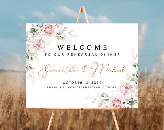 Blush pink Rose Rehearsal Dinner welcome sign, Greenry Wedding rehearsal Sign, Rehearsal Dinner, Wedding Rehearsal Decoration, A2