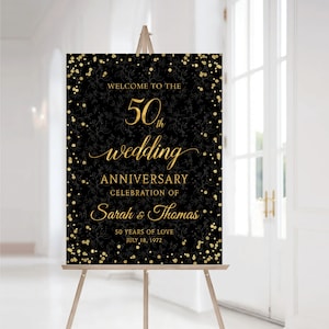 Letrero de bienvenida del 50.° aniversario en oro negro, decoraciones para el 50.° aniversario de bodas, póster moderno del 50.° aniversario, letrero de aniversario minimalista