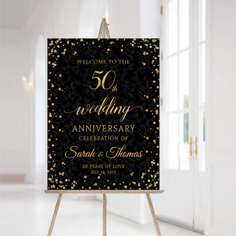Modern 50th Wedding Anniversary Welcome Sign, Confetti Decor, Black and Gold (Digital Printable) image 1