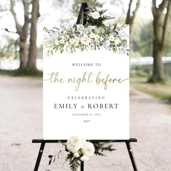 White Floral Rehearsal Dinner Welcome Sign, Greenery Portrait Wedding Poster (Printed or Digital File)