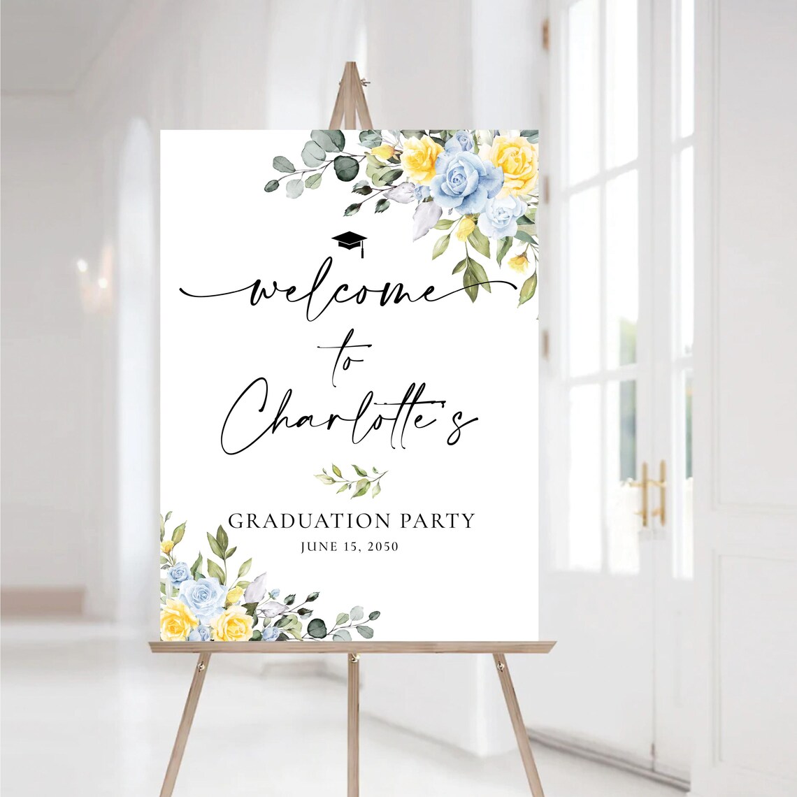 Floral Graduation Party Welcome Sign: Blue, Yellow, Greenery (digital ...