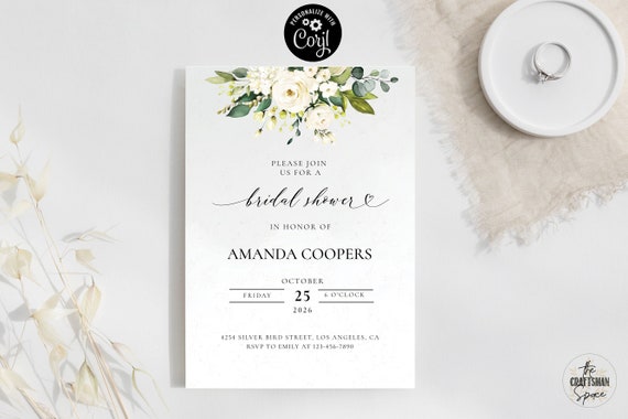 White roses bridal shower Invitation, Corjl, Wedding shower invite, 100% Editable, Bridal brunch invite, Eucalyptus, cream roses, WR1