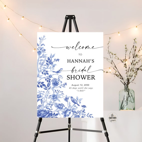 Blue Porcelain Bridal Shower Welcome Sign, Floral Chinoiserie Bridal Shower Sign, Bridal Brunch Sign, Watercolor Flower, Decorations, BP2