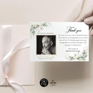 Modèle de carte de remerciement funéraire Greenery, Modèle de carte de remerciement Greenery, Eucalyptus, 100% modifiable, Corjl, HB3