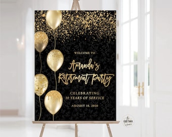 Minimalist Retirement Party Welcome Sign: Gold Balloons and Confetti (Digital Printable)