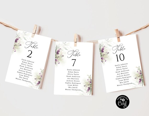Greenery Purple Wedding Seating Chart Cards Template, Hanging Seating Board, Seating Plan, Table Seating Chart, Eucalyptus Card template,GPU
