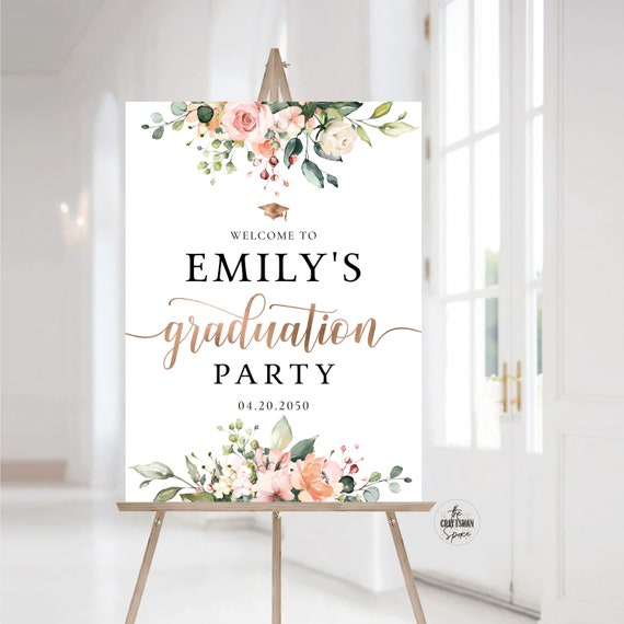 Sunny Floral Graduation Party Welcome Sign, Digital File, Grad Party Sign, Graduation Decorations, Graduation Banner, Eucalyptus, HERSU8