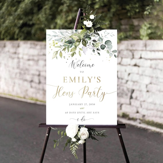Greenery Hens Party Welcome Sign, Unique Bridal Shower Sign, Botanicals Wedding Shower Decor, Bridal Tea Poster, Eucalyptus, Herbal, HB2