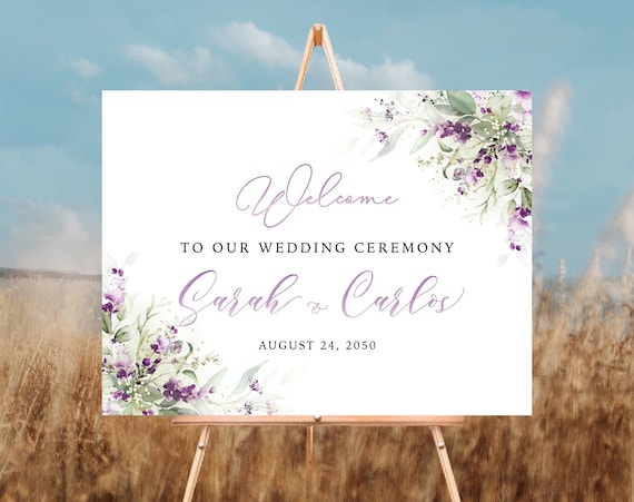 Greenery Purple Wedding Welcome Sign, Green Lavender Wedding Ceremony Sign, Lilac Floral Wedding signs, Wedding Decorations, Poster, GPU