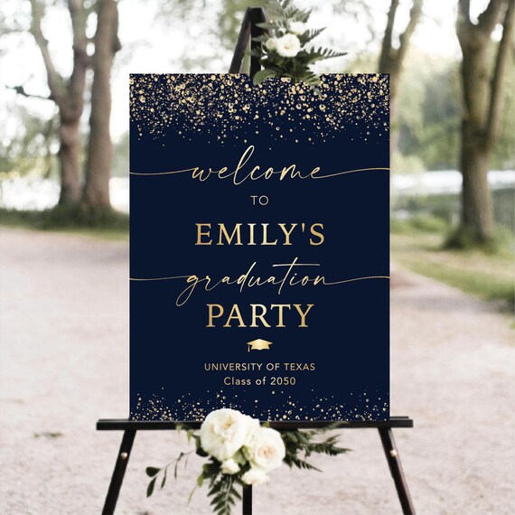 Modern Graduation Party Welcome Sign, Navy and Gold Confetti  (Digital Printable)