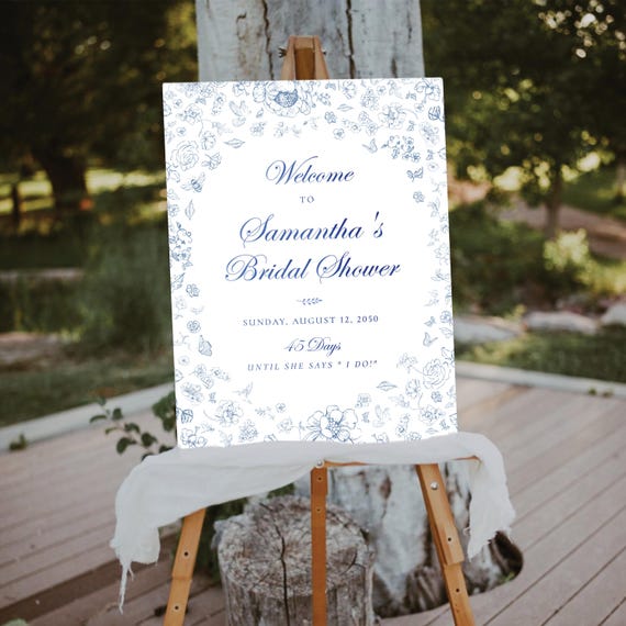 Floral Chinoiserie Bridal Shower Welcome Sign, Blue Porcelain Bridal Brunch Sign, Vintage Wedding Shower Decoration, Blue Toile de Jouy, BC1