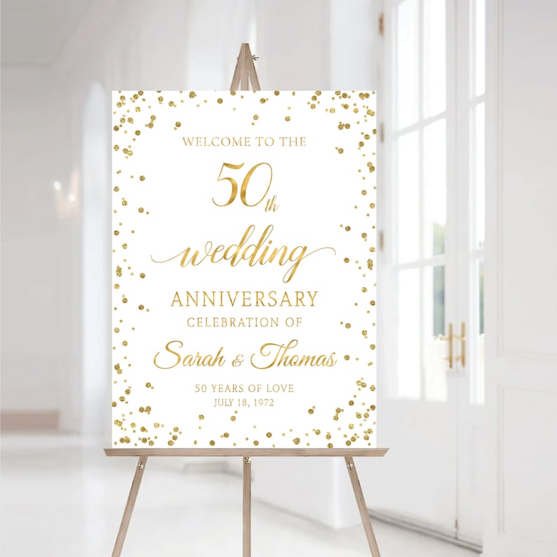 Modern 50th Wedding Anniversary Welcome Sign, Confetti Decor, Black and Gold (Digital Printable) image 3