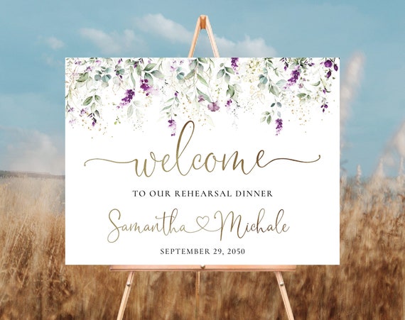 Greenery Purple Rehearsal Dinner Welcome Sign, Lavender The Night Before Sign, Green Lavender Wedding Rehearsal Sign, Lilac Wedding Sign,GPU