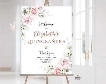 Blush pink Rose Quinceañera Welcome Sign, Quinceanera Sign, Quinceanera Decorations, 15th Birthday Sign, Baby shower sign, Sweet 16 sign, A2