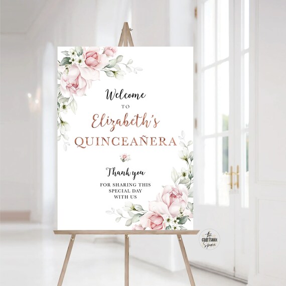 Blush pink Rose Quinceañera Welcome Sign, Quinceanera Sign, Quinceanera Decorations, 15th Birthday Sign, Baby shower sign, Sweet 16 sign, A2