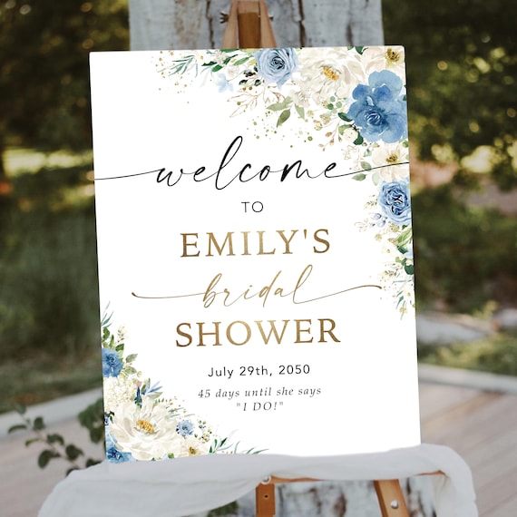 Blue Floral Bridal Shower Welcome Sign, White Flowers, Green Leaves (Printed or Digital File)