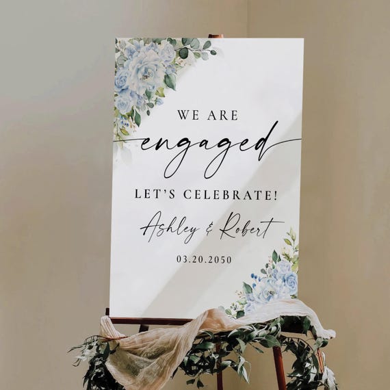 Dusty Blue Greenery Engagement Party Welcome Sign, Botanicals Wedding Rehearsal Decorations, Minimalist We are Engaged Sign, Eucalyptus, LB5