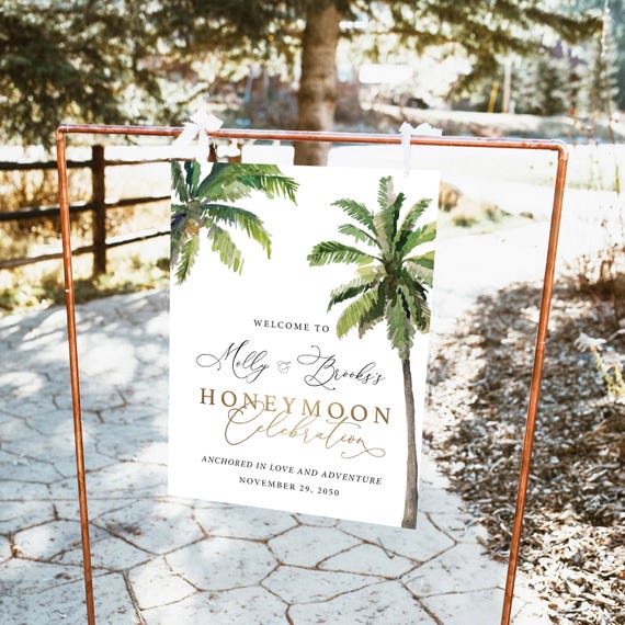 Palm Tree Wedding Welcome Sign, Honeymoon Celebration Sign, Tropical Sage Reception Decor Sign, Boho Green Destination Beach Large Sign, PT1