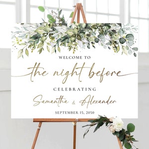 Greenery The Night Before Welcome Sign, Rehearsal Dinner Welcome Sign, Wedding Rehearsal Sign, Wedding Decoration, Greenery, Eucalyptus, HB1