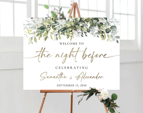 Greenery The Night Before Welcome Sign, Rehearsal Dinner Welcome Sign, Wedding Rehearsal Sign, Wedding Decoration, Greenery, Eucalyptus, HB1