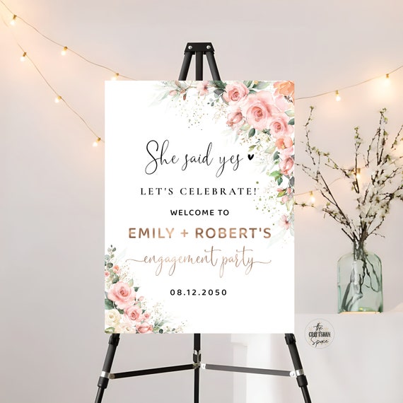 Blush Pink Roses Engagement Party Welcome Sign Template, We are Engaged Sign, Blush Engagement Party Decorations, Printable, Eucalyptus, EB2
