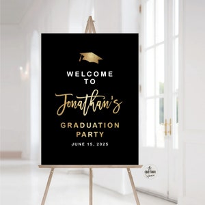 Graduation Party Welcome Sign, Minimalist Graduation Decoration, Graduation Celebration, Modern Grad Party, Black and Gold Grad Party Sign