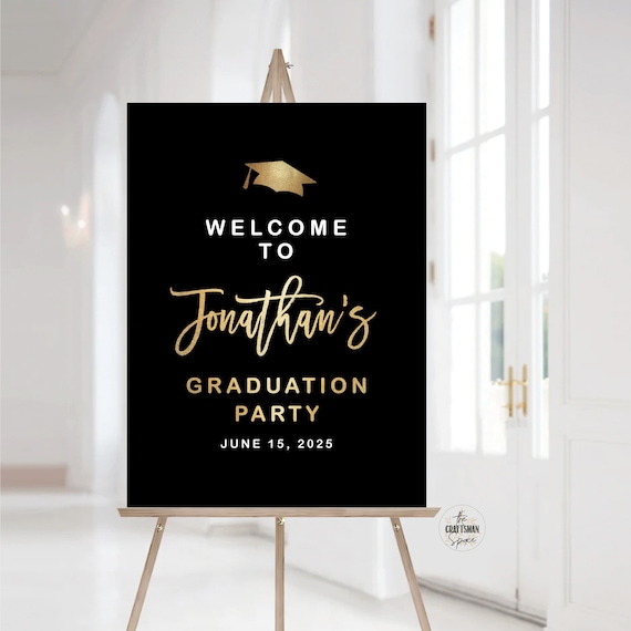 Graduation Party Welcome Sign, Minimalist Graduation Decoration, Graduation Celebration, Modern Grad Party, Black and Gold Grad Party Sign