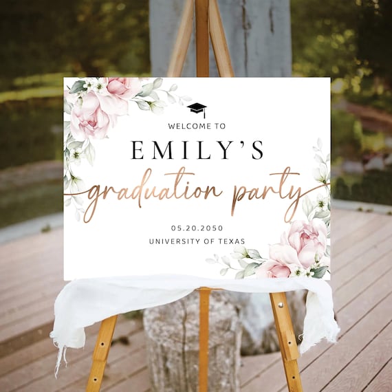 Blush Pink Roses Graduation Party Welcome Sign, Botanicals Grad Party Sign, Graduation Decorations, Graduation Party Banner, Eucalyptus, A2