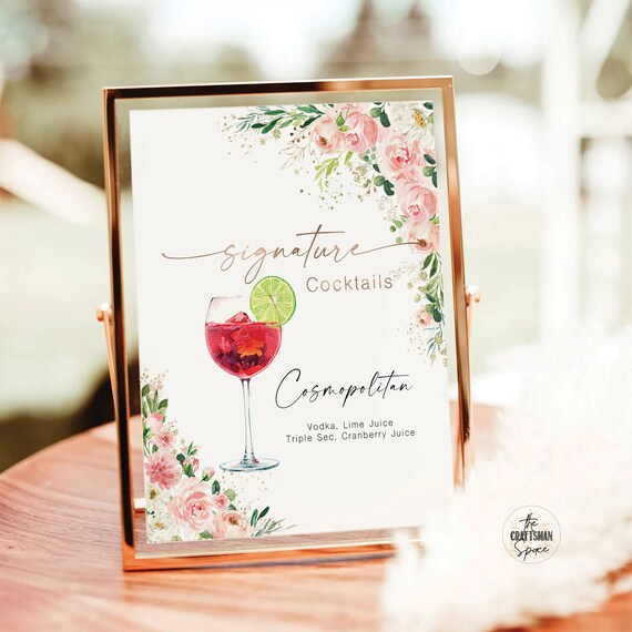 Ethereal Blush Love Signature Drinks Sign Template, Signature Cocktail Sign, Minimalist Wedding Bar Menu Sign, His and Hers Bar Sign, EB1