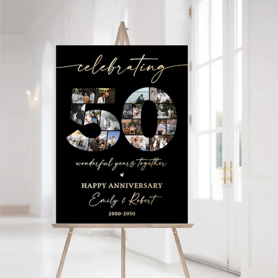 Modern 50th Wedding Anniversary Photo Collage, Black and Gold (Printed or Digital File)