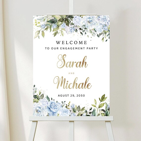 Dusty Blue Greenery Engagement Party Welcome Sign, Botanicals Wedding Rehearsal Decorations, Minimalist We are Engaged Sign, Eucalyptus, LB1