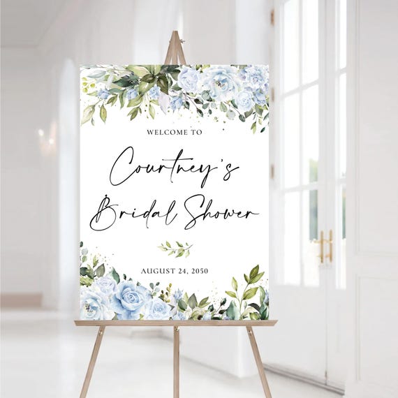 PRINTED OR DIGITAL Dusty blue florals Bridal Shower Welcome Sign, Foam Board, Poster, Eucalyptus, Elegant Wedding Shower Decorations, LB1
