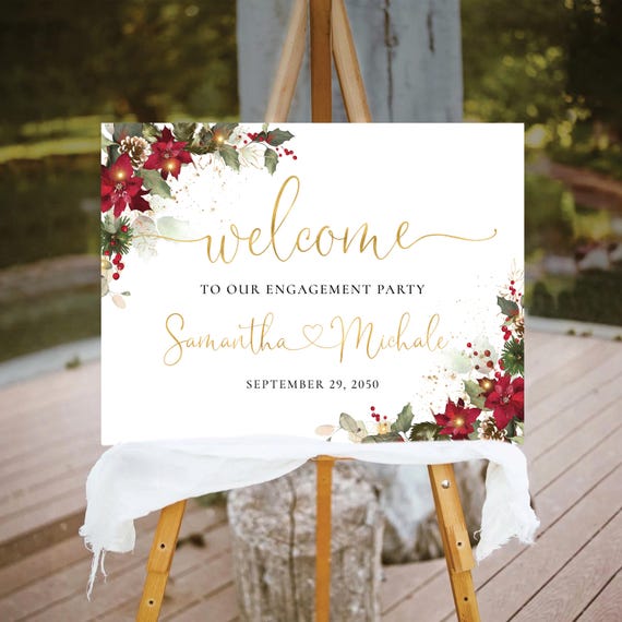 Christmas Engagement Party Welcome Sign, Engagement Party Sign, We are Engaged Sign, Holiday Welcome Sign, Poinsettia and Lights, CRM6