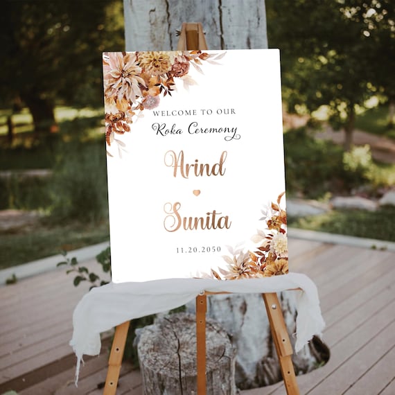 Fall Roka Ceremony Welcome Sign, Autumn Roka Ceremony in Indian, Rustic wedding, Dry leaves wedding, Traditional Roka Sign, Bohemian, AG1