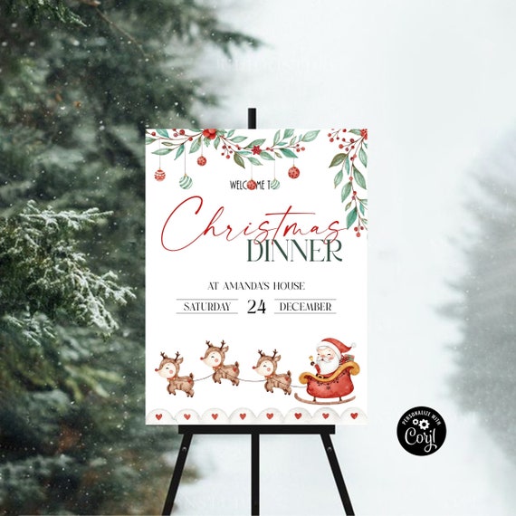 Christmas Dinner Welcome Sign, Holiday Welcome Sign, Winter Welcome Sign, Christmas Decorations, Christmas Party Sign, 100% Editable, Corjl