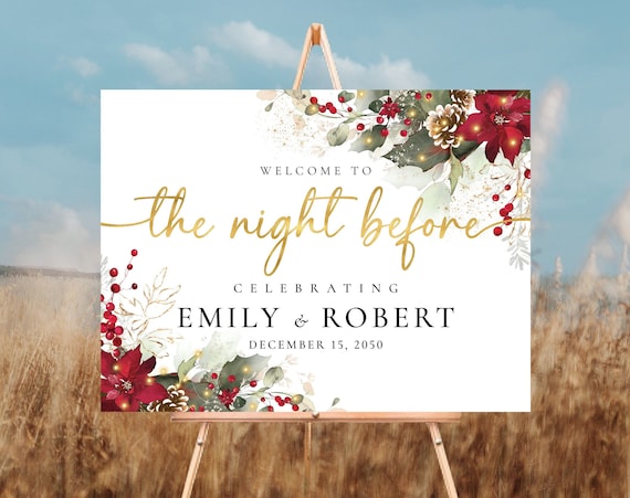 Christmas The Night Before Welcome Sign, Christmas Rehearsal Sign, Holiday Welcome Sign, Wedding welcome Sign, Poinsettia and Lights, CRM2