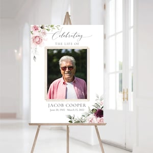 Letrero de bienvenida para funeral con rosas suaves, letrero de bienvenida conmemorativo, letrero de bienvenida para celebración de la vida, decoración funeraria, póster de celebración de la vida