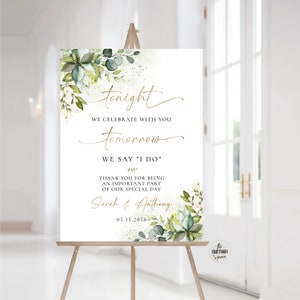 Cartel de cena de ensayo de vegetación, Cartel de bienvenida de Un día, Cartel de la noche anterior, Decoración de boda, Eucalipto, Imprimible, Hierbas, HB2