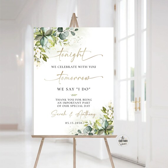 Greenery Rehearsal Dinner Sign, One Day Away Welcome Sign, The night before Sign, Wedding Decoration, Eucalyptus, Printable, Herbal, HB2