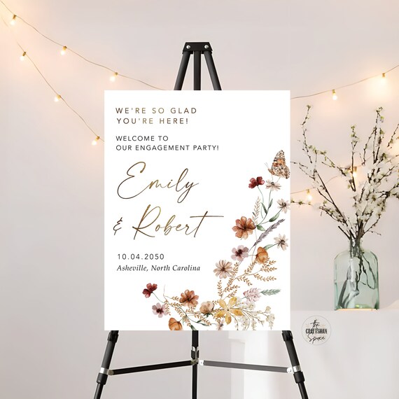 Tiny Floral Engagement Party Welcome Sign, Wildflowers We are engaged Sign, Engagement Party Decorations, Wedding Welcome Sign, Poster, TIY