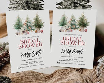 May include: Two white cards with a watercolor illustration of Christmas trees and presents. The text on the cards reads "Join us for a merry little Bridal Shower honoring Emily Smith". The cards include the date, time, and location of the event.