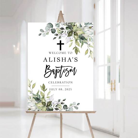 Greenery baptism welcome sign, Baptism sign, First Communion, Quinceañera Welcome Sign, Quinceanera Sign, Baby shower sign