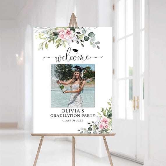 Blush pink greenery Graduation with photo Welcome Sign, Grad Party Sign, Botanicals Graduation Decor, Rustic Grad Banner, Eucalyptus, BG1