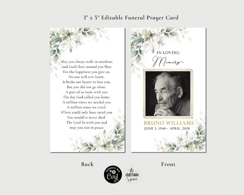 Greenery Funeral Prayer Card Printable Memorial Prayer Card Etsy