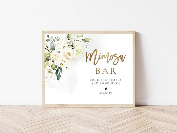 White roses Mimosa Bar Sign, Wedding Sign Template, Wedding Gifts Sign, Baby Shower Gift Sign, Bridal Shower Mimosa Bar Sign, WR4