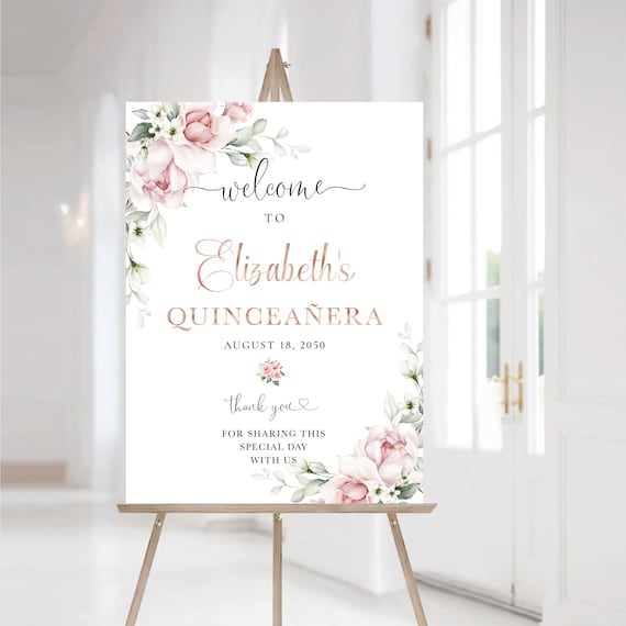 Blush Floral Quinceañera Welcome Sign, Pink Flowers, Sage Green, Sweet 16 (Digital Printable)