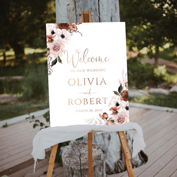 Silk Floral Wedding Welcome Sign, Boho Wedding Sign, Burgundy Wedding Decorations, Modern Wedding Sign, Bohemian Rehearsal Dinner Sign, SFL1