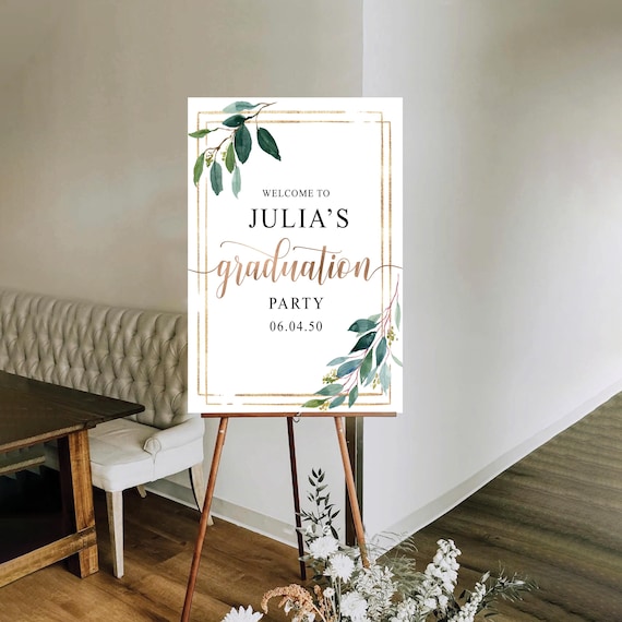 Graduation Party Welcome Sign, Grad Party Sign, Graduation Decorations, Botanicals Graduation Banner, Greenery Grad Celebration, Eucalyptus