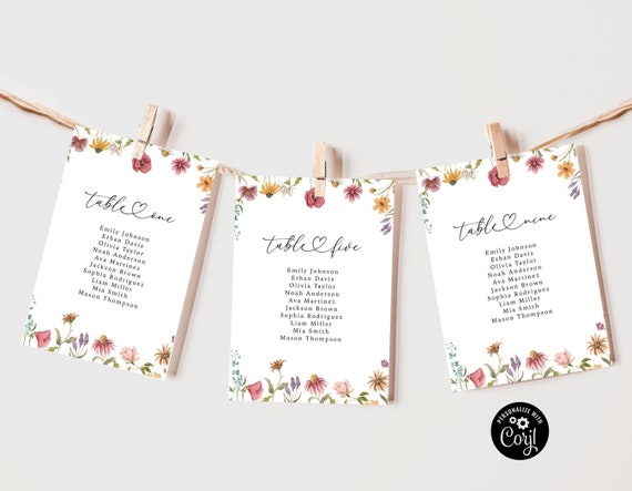 Wildflowers Wedding Seating Chart Cards Template, Hanging Seating Board, Printable Seating Plan, Table Seating Chart, card template, WIF1