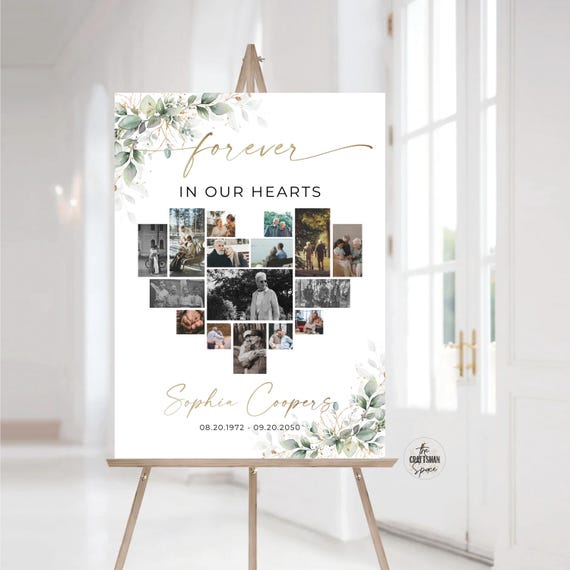 Heart Collage Funeral Welcome Sign, Greenery Heart-shaped photo memorial Funeral Sign, Funeral photo display, In Loving Memorial Poster, HB3
